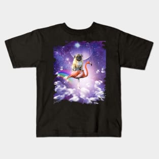 Pug Riding Flamingo In Space - Rainbow Kids T-Shirt